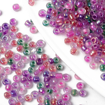 8/0 Glass Seed Beads, Round Hole, Round, Transparent Inside Colours Rainbow & Luster, Mixed Color, 8/0, 3~3.5x2~3mm, Hole: 0.8mm, about 15000pcs/bag, about 450g/bag
