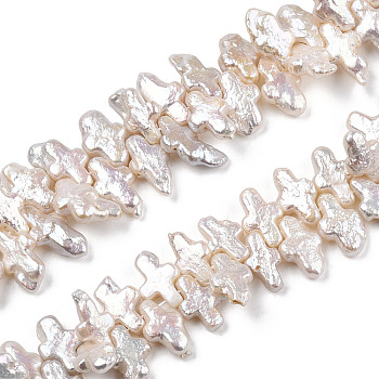 Natural Keshi Pearl Beads Strands, Baroque Style Cultured Freshwater Pearl, Cross, Seashell Color, 12~20x7.5~9.5x3.5~5mm, Hole: 0.7mm, about 98~103pcs/strand, 16.14 inch~16.54 inch(41~42cm)