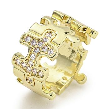 Puzzle Brass Micro Pave Cubic Zirconia Cuff Open Rings for Women, Long-Lasting Plated, Golden, Adjustable
