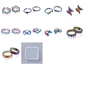 9Pcs 9 Style 304 Stainless Steel Hand & Infinite & Heart & Moon Cuff Rings, Rainbow Color Open Rings for Women, Inner Diameter: 15.9~18.9mm, 1Pc/style