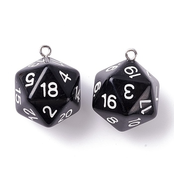 Opaque Acrylic Pendants, with Platinum Plated Iron Findings, Faceted, Polyhedral Dice, D20, Black, 27.5x20x20mm, Hole: 2mm