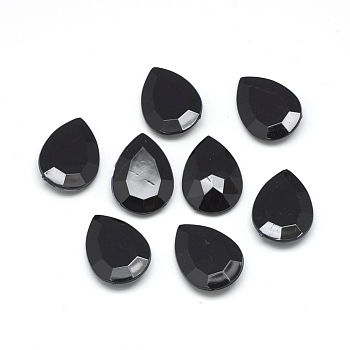 Acrylic Rhinestone Pointed Back Cabochons, Faceted, Bottom Silver Plated, teardrop, Black, 18x13x4.5~4.8mm