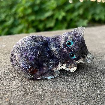 Resin Sleeping Cat Display Decoration, with Natural Amethyst Chips inside Statues for Home Office Decorations, 75x52x40mm