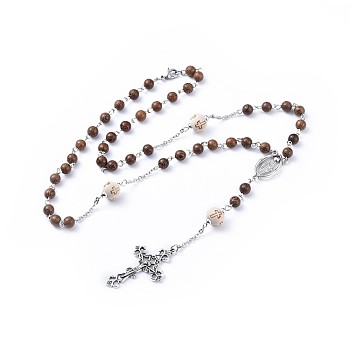 Tibetan Style Alloy Rosary Bead Necklaces, with Wood Beads and 304 Stainless Steel Rolo Chains, Antique Silver & Stainless Steel Color, 23.6 inch(60cm)