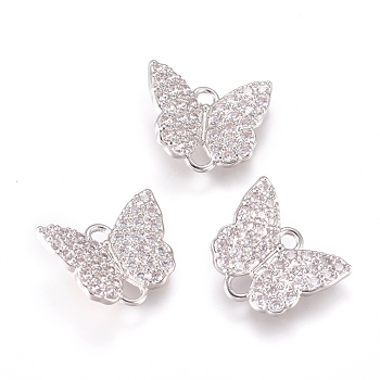 Brass Micro Pave Cubic Zirconia Links, Butterfly, Clear, Platinum, 8x10x2.5mm, Hole: 1.2mm and 1mm