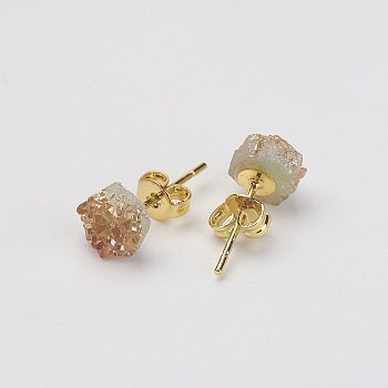 Druzy Quartz Crystal Stud Earrings, with Brass Findings, Golden, 16~18x7~8mm, pin: 0.8mm
