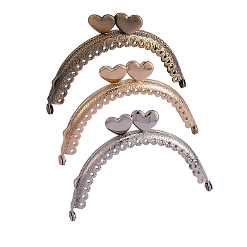3Pcs 3 Colors Iron Purse Frames Handles, Kiss Clasp Locks, with Heart, Half Round, Mixed Color, 8.7x6x0.6cm, Hole: 1mm, 1pc/color