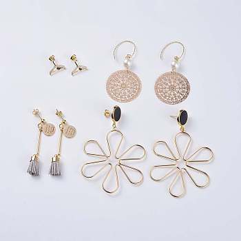 Earrings Sets, with 304 Stainless Steel Jump Rings, Cubic Zirconia and Brass Findings, Mixed Shapes, Real 18K Gold Plated, 54~77mm, Pin: 0.7~0.8mm, 4pairs/set