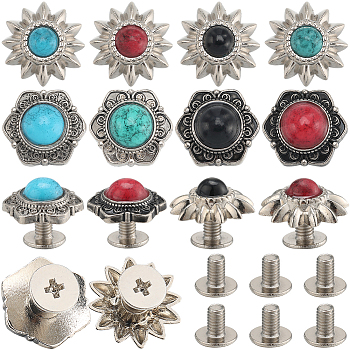 24 Sets 8 Style Alloy Buttons, with Synthetic Turquoise and Iron Screws, for Purse, Bags, Leather Crafts Decoration, Flower, Mixed Color, 13x11.5x6.5mm, Hole: 2.5mm, 3 sets/style