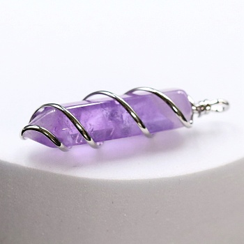 Natural Amethyst Copper Wire Wrapped Pointed Pendants, Faceted Bullet Charms, Platinum, 45x10mm
