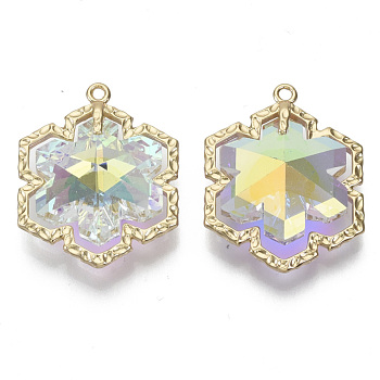 Glass Rhinestone Pendants, with Light Gold Plated Brass Open Back Settings, Snowflake, for Christmas, Crystal AB, 28x22x9mm, Hole: 1.6mm