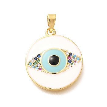 Brass Micro Pave Clear Cubic Zirconia Pendents, Flat Round Charms, with Enamel, Real 18K Gold Plated, Rack Plating, Lead Free & Cadmium Free, Evil Eye, 20.5x17.5x3mm, Hole: 4.5x3mm