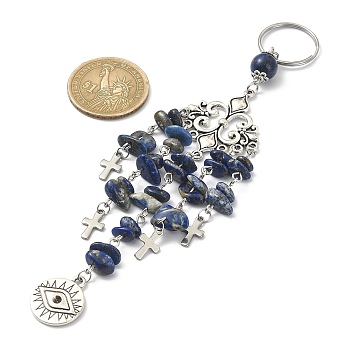 Flat Round with Eye Alloy Pendant Keychains, with Natural Lapis Lazuli Chip Beads and Cross Charms, for Women Bag Car Key Pendant Decoration, 15.2x2.9cm