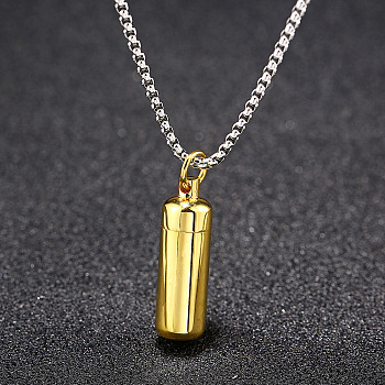 316L Stainless Steel Pill Shape Urn Ashes Pendant Necklace with Box Chains, Memorial Jewelry for Men Women, Golden, 23.62 inch(60cm)