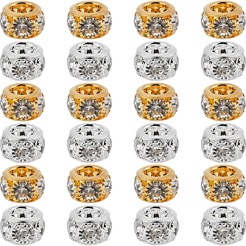 40Pcs 2 Colors Brass Spacer Beads, with Crystal Rhinestone, Rondelle, Platinum & Golden, 10mm, Hole: 2.6mm, 20pcs/color