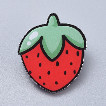 Acrylic Safety Brooches, with Iron Pin, Strawberry, Red, 40x35x8mm, Pin: 0.8mm