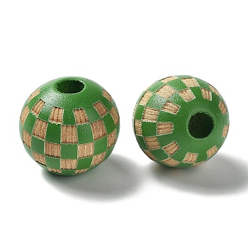Wood Laser Engraved Tartan Beads, Round, Dyed, for DIY Craft, Green, 15.5~16x14.5mm, Hole: 4.5mm