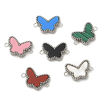 304 Stainless Steel Connector Charms, Butterfly Links, with Acrylic & Shell & Synthetic Malachite, Stainless Steel Color, 10x16x3mm, Hole: 1.5mm