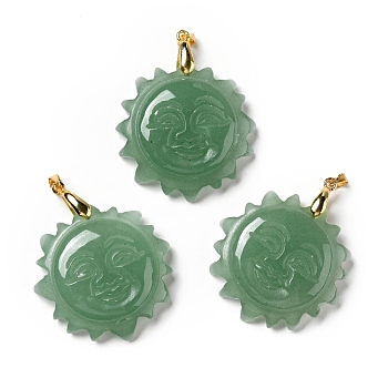Natural Green Aventurine Pendants, with Golden Tone Brass Findings, Lead Free & Cadmium Free, Sun with Smiling Face, 42x34~35x10.5mm, Hole: 3.8x5mm