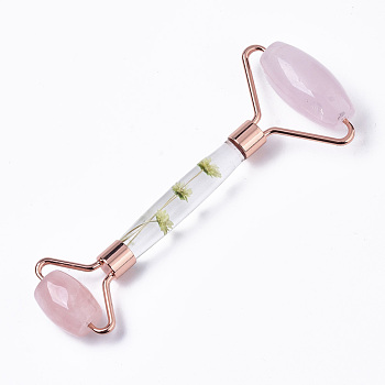 Natural Rose Quartz Massage Tools, Facial Rollers, with K9 Glass & Dried Flower Handle & Zinc Alloy Findings, Rose Gold, 145x57x20.5mm