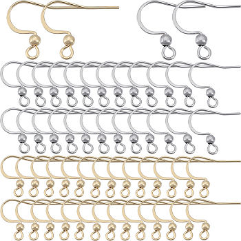 160Pcs 2 Colors 304 Stainless Steel Flat Earring Hooks, French Hooks with Ball and Horizontal Loop, Real Gold Plated & Stainless Steel Color, 15~17x18mm, Hole: 2mm, 21 Gauge, Pin: 0.7mm, 80Pcs/color