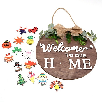 Natural MDF Board Door Hanging Decoration for Front Door Decoration, with Hemp Rope, Flat Round with Bowknot & Word Welcome To Our Home, Coconut Brown, 4.4~45x3.5~29x0.15~1.8cm, 15pcs/set