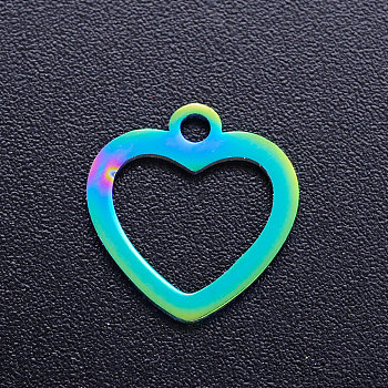 Ion Plating(IP) 201 Stainless Steel Open Heart Charms, Hollow, Rainbow Color, 12.5x12x1mm, Hole: 1.5mm