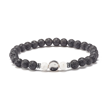Natural Howlite & Lava Rock Round Beaded Bracelets Set with Yin Yang, Chinese Feng Shui Lucky Jewelry for Men Women, Inner Diameter: 2-1/8 inch(5.5cm)