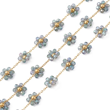 Flower Glass Beaded Chains, Unwelded, with 304 Stainless Steel Link Chains, Golden, Slate Gray, 2~9.5x1.5~10.5x0.3~3.5mm