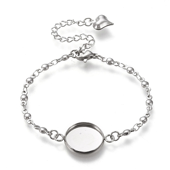 Tarnish Resistant 304 Stainless Steel Bracelet Making, with Lobster Claw Clasps and Flat Round Cabochon Settings, Stainless Steel Color, Tray: 14mm, 6-1/8 inch(15.5cm)