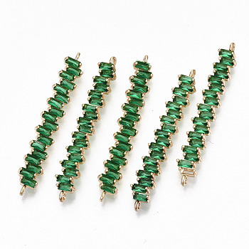 Brass Micro Pave Cubic Zirconia Links Connectors, Light Gold, Long-Lasting Plated, Cadmium Free & Lead Free, Rectangle, Green, 45x6.5x2.5mm, Hole: 1.2mm