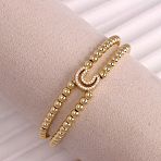 Brass Micro Pave Clear Cubic Zirconia Beads Double Strands Stretch Bracelets for Women, Letter & Round, Golden, Letter C, 6.69 inch(17cm)(FS-WGC7159-03)