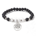 Natural Lava Rock & Howlite Gemstone Round Beaded Stretch Bracelet, with Alloy Tree of Life Charms, Inner Diameter: 2-1/2 inch(6.5cm), bead: 6.5~7x6.5~7mm(BJEW-JB09767-01)