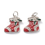 Brass Micro Pave Clear Cubic Zirconia Pendants, with Red & Green Enamel & Jump Rings, Long-Lasting Plated, For Christmas, Stocking, Platinum, 14.5x15.5x2.5mm, Hole: 3mm, Jump Ring: 5x1mm(ZIRC-Z008-14P)
