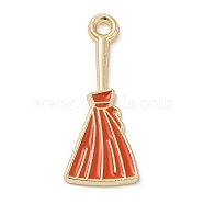 Halloween Alloy Enamel Pendants, Golden, Broom Charm, Tomato, 25x10.5x1.5mm, Hole: 1.8mm(ENAM-D059-01B-G)