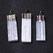 Natural Selenite Big Pendants, Rectangle Charms, with Rack Plating Brass Findings, Red Copper, 52~61x14~19x5~7mm, Hole: 8x5mm(G-C002-07R)