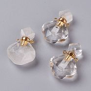 Rhombus Natural Quartz Crystal Perfume Bottle Pendants, Rock Crystal, Rock Crystal, with 304 Stainless Steel Findings, Faceted, Golden, 26~27x17~17.5x8~8.5mm, Hole: 1.4mm, Capacity: about 2ml(0.06 fl. oz)(G-H241-01C-G)