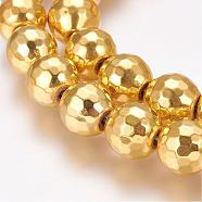 Grade AA Non-Magnetic Synthetic Hematite Bead Strands, Round, Faceted(128 Facets), Golden Plated, 10mm, Hole: 1.5mm, about 44pcs/strand, 15.7 inch(40cm)(G-G652-12G)