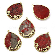 Natural Red Jasper Dyed Pendants, Teardrop Charms with Rack Plating Golden Plated Brass Findings, 37x27.5x4mm, Hole: 1.6mm(G-E609-02G-02)