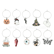 Halloween Theme Alloy Enamel Pendants Wine Glass Charms Sets, with Brass Hoop Earrings Findings, Mixed Shapes, Mixed Color, 47~50mm, 10pcs/set(AJEW-JO00183)