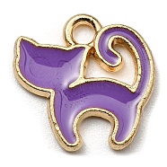 Alloy Charms, with Enamel, Golden, Cadmium Free & Nickel Free & Lead Free, Cat Shape Charms, Purple, 13x13x1.5mm, Hole: 1.8mm(ENAM-L042-05G-04)