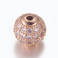 Brass Micro Pave Cubic Zirconia Beads, Round, Rose Gold, Plum, 8mm, Hole: 1.5mm(ZIRC-E134-8mm-01RG)