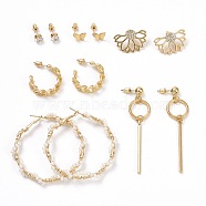 Ring & Flower & Butterfly Stud Earrings, Half Hoop Rhinestone Earrings, Resin Pearl Beads Wire Wrap Open Hoop Earrings for Women, Golden, 6~67x6~25mm, Pin: 0.8mm, 6 pairs/set(EJEW-D277-03G)