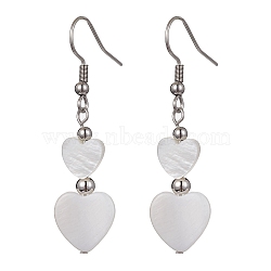 Natural Shell Heart Dangle Earrings, 304 Stainless Steel Earrings, Stainless Steel Color, 47x12.5mm(EJEW-JE05583-02)