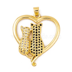 Brass Micro Pave Cubic Zirconia Pendants, Real 18K Gold Plated Heart with Couple Cat Charms, Black, 35x30.5x5mm, Hole: 4.7x3.5mm(KK-E108-12G)