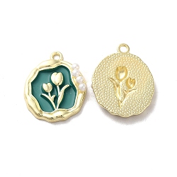Alloy Enamel Pandants, with ABS Plastic Imitation Pearl, Lead Free & Cadmium Free, Light Gold, Oval with Flower, Teal, 23.5x19x4.5mm, Hole: 1.8mm(ENAM-K067-083G-02)