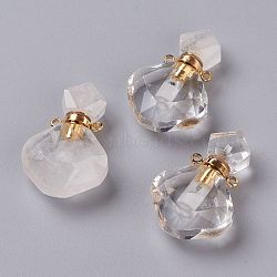 Rhombus Natural Quartz Crystal Perfume Bottle Pendants, Rock Crystal, Rock Crystal, with 304 Stainless Steel Findings, Faceted, Golden, 26~27x17~17.5x8~8.5mm, Hole: 1.4mm, Capacity: about 2ml(0.06 fl. oz)(G-H241-01C-G)