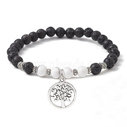 Natural Lava Rock & Howlite Gemstone Round Beaded Stretch Bracelet, with Alloy Tree of Life Charms, Inner Diameter: 2-1/2 inch(6.5cm)(BJEW-JB09767-01)
