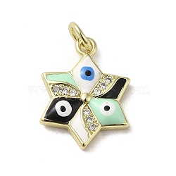 Brass Micro Pave Cubic Zirconia Pendants, with Enamel, with Jump Ring, Real 18K Gold Plated, Star with Evil Eye, Aquamarine, 17.5x13x3.4mm, Hole: 3.2mm(KK-E092-17G-01)