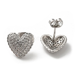 Rack Plating Heart Brass Micro Pave Cubic Zirconia Stud Earrings, Lead Free & Cadmium Free, Long-Lasting Plated, Real 18K Gold Plated, Platinum, 12x13mm(EJEW-L224-73P)